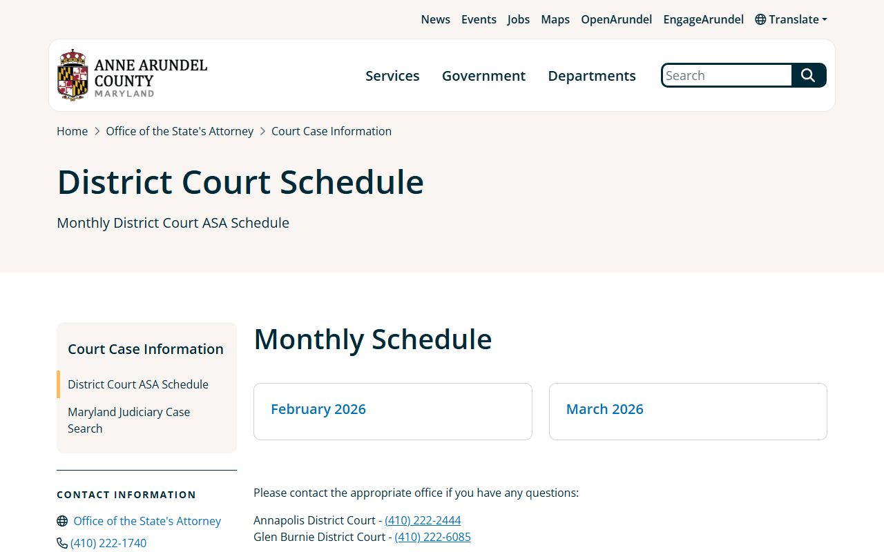Anne Arundel County court charges District Court ASA schedule