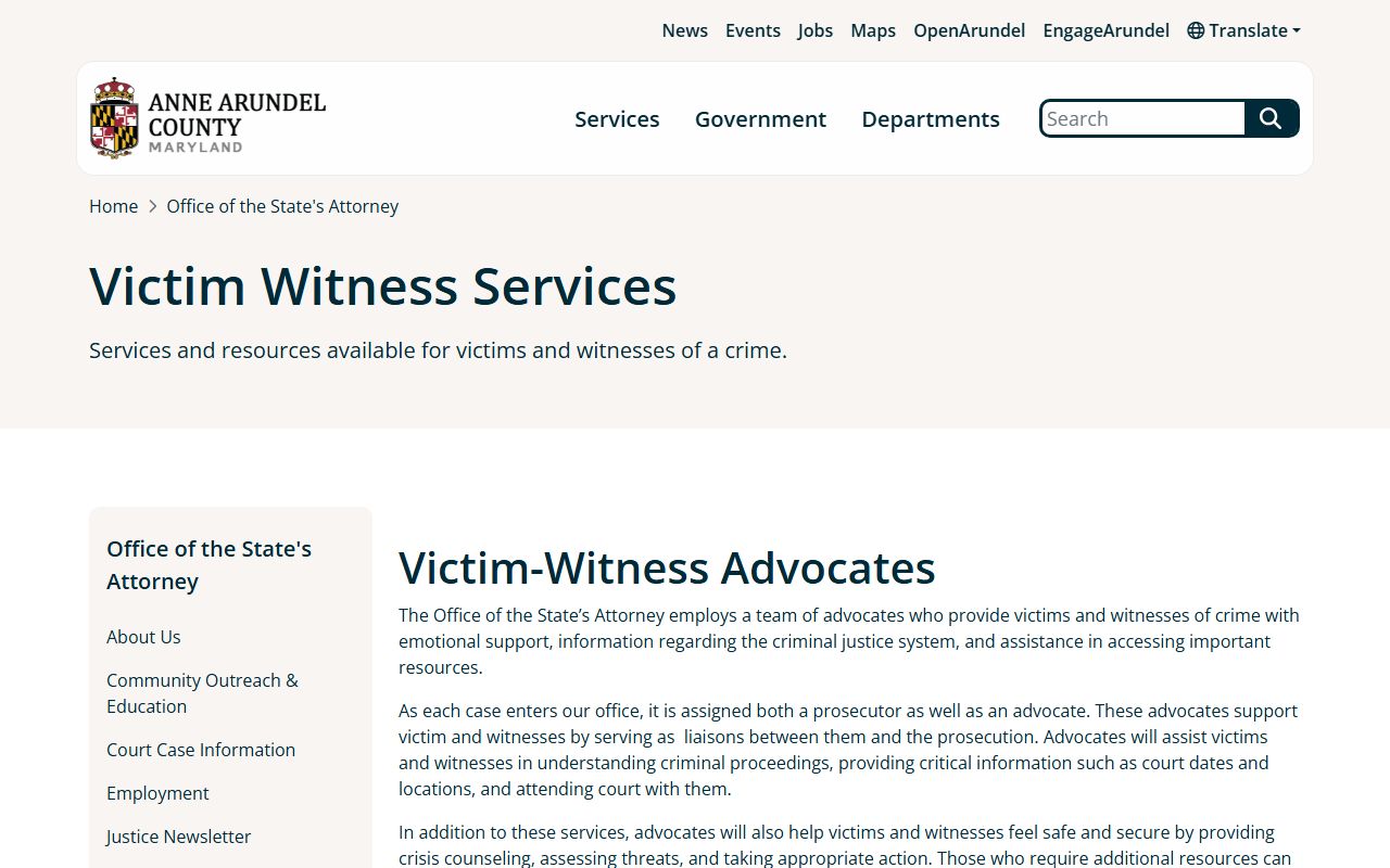 Anne Arundel County arrest records Victim Witness Services