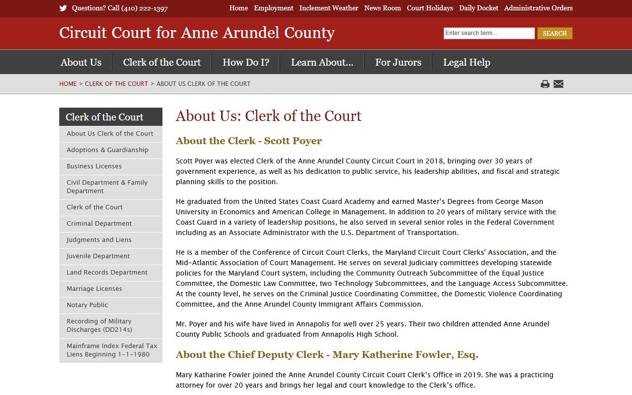 Anne Arundel County Clerk of the Circuit Court biography page