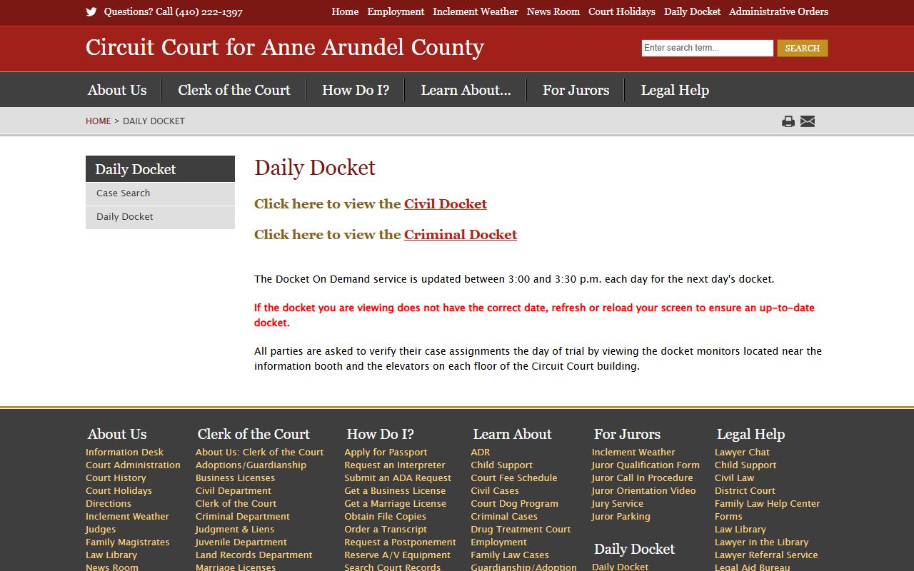 Anne Arundel County court dockets Circuit Court daily docket