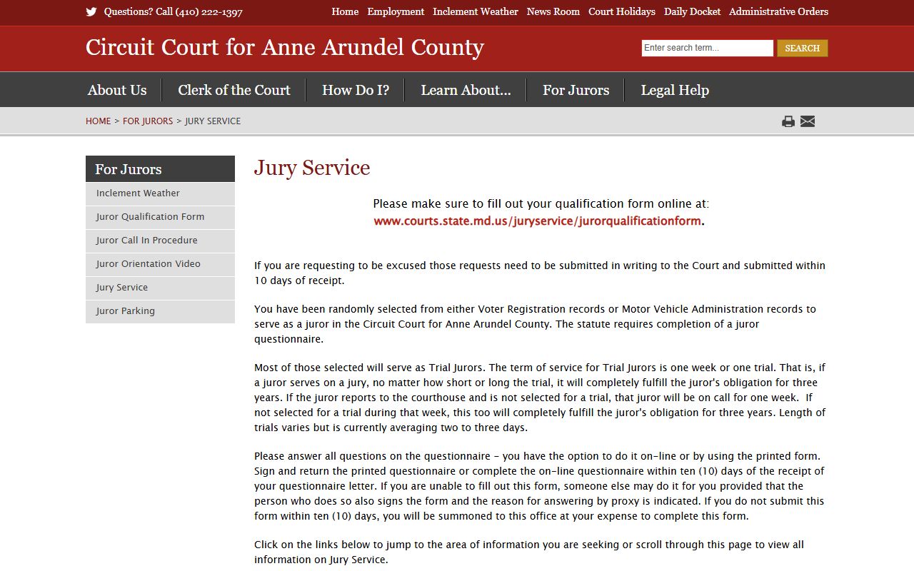 Anne Arundel County court dockets jury service timing