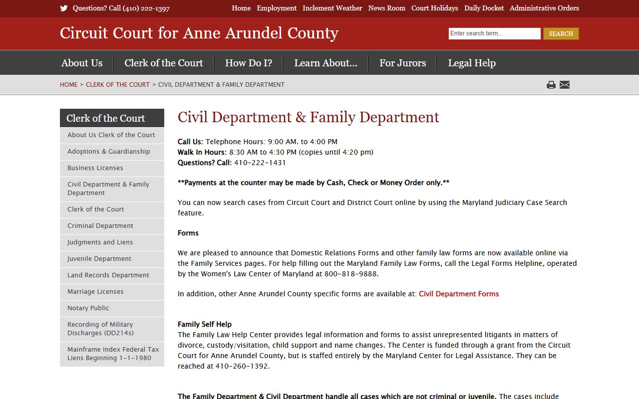 Anne Arundel County court records Civil and Family Department page