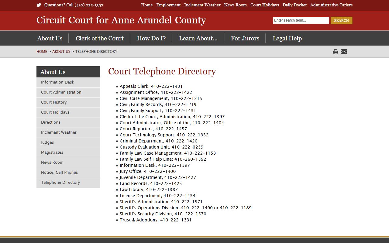 Anne Arundel County court records telephone directory