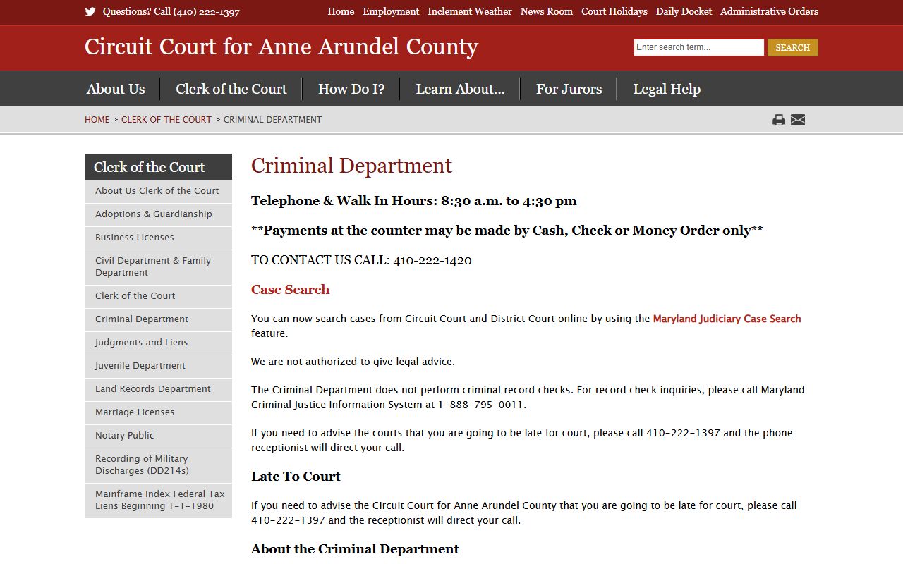 Anne Arundel County court records Criminal Department page