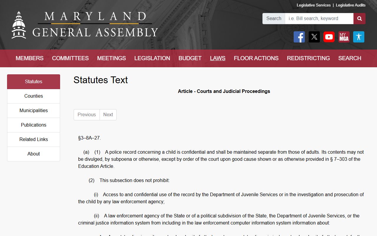 Anne Arundel County criminal court records juvenile confidentiality statute