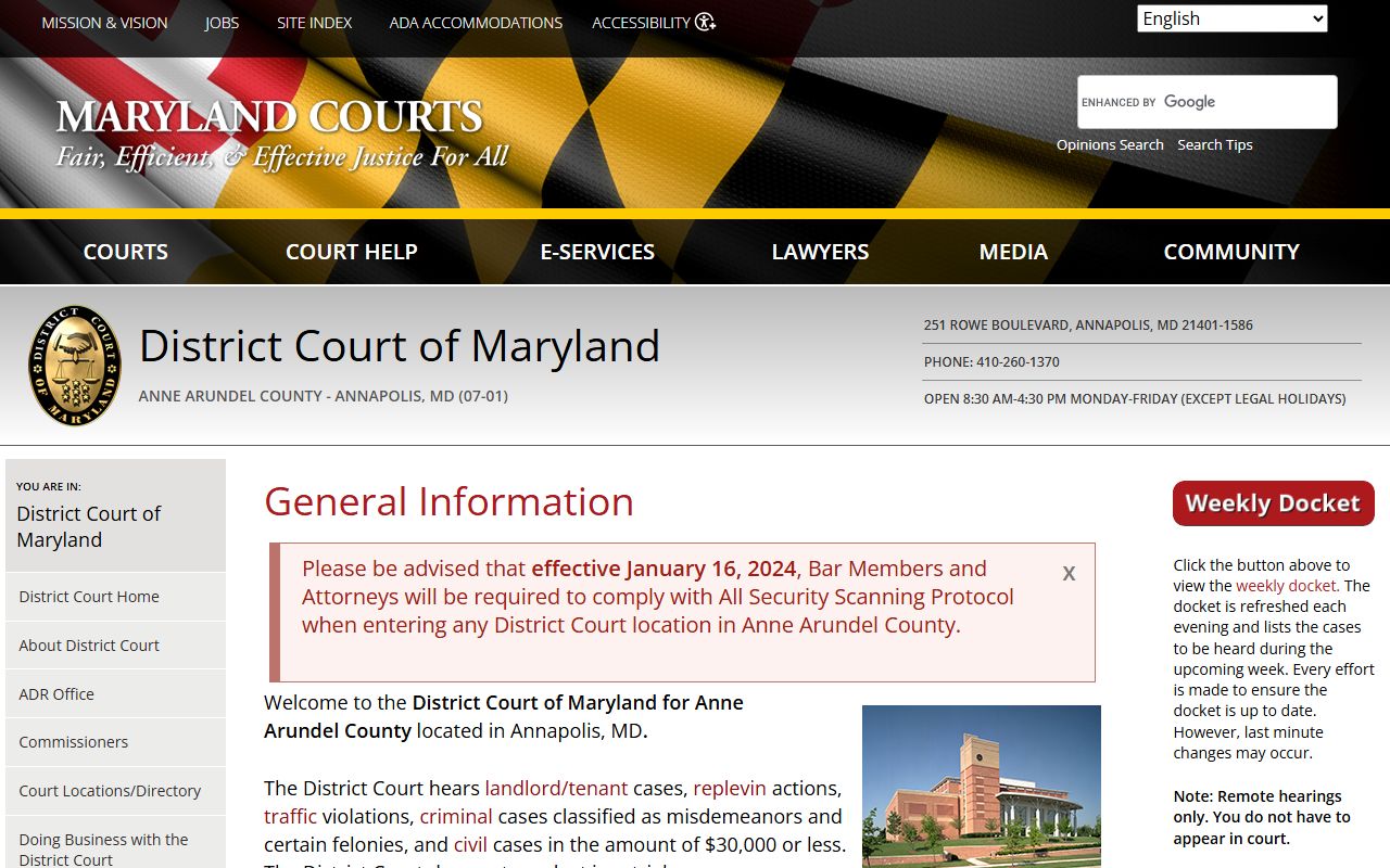 Anne Arundel County Circuit Court and District Court records location page