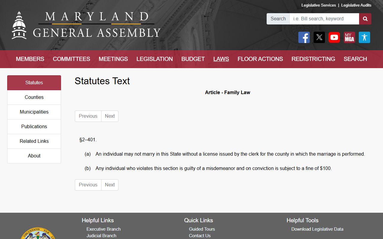 Anne Arundel County marriage records Maryland marriage statute