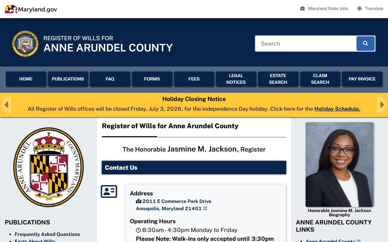 Anne Arundel County probate records Register of Wills office page