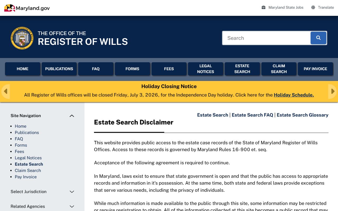 Anne Arundel County probate records Estate Search screen
