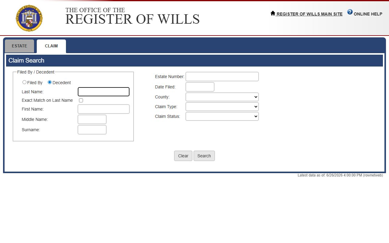 Anne Arundel County probate records Register of Wills claim search