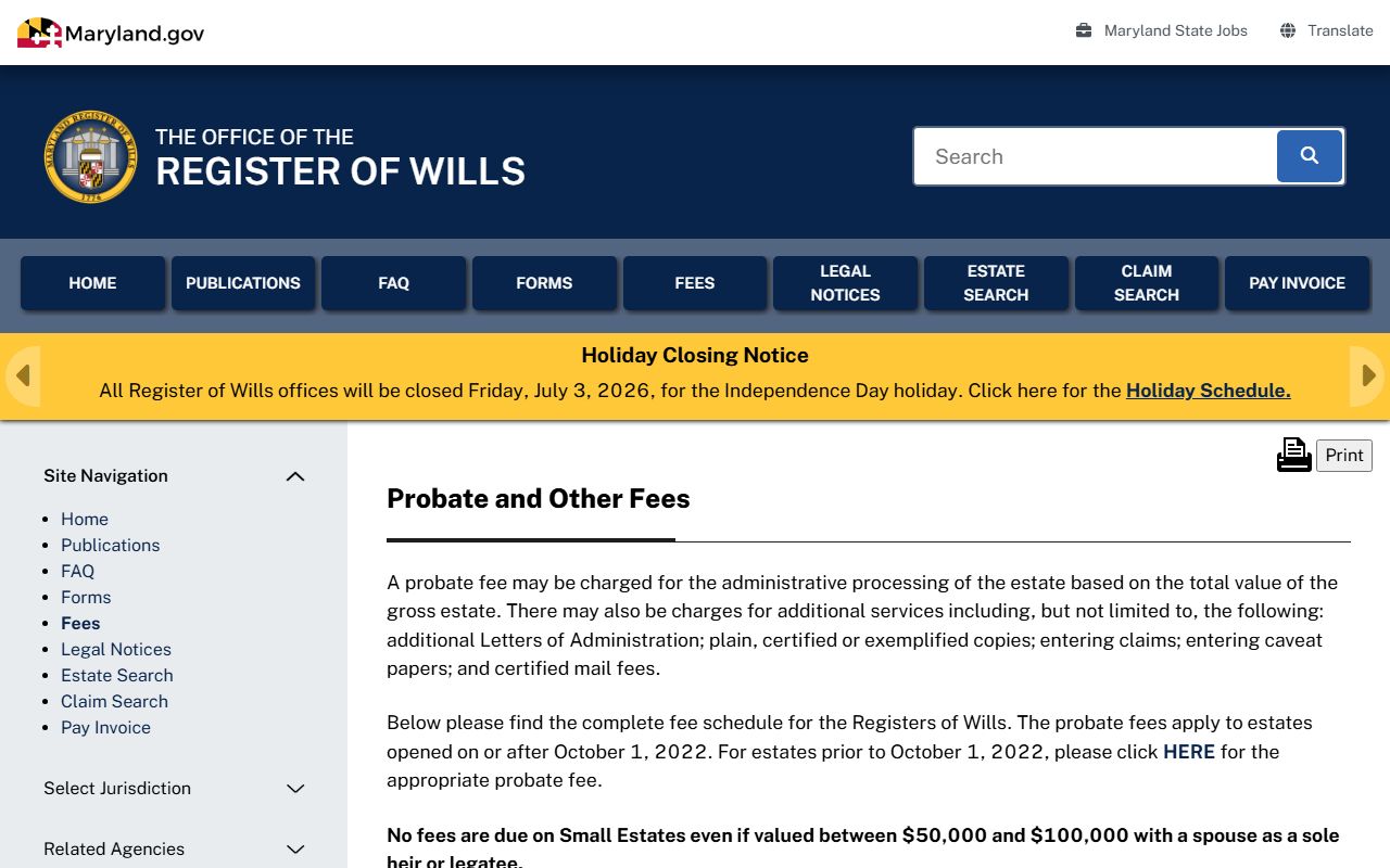 Anne Arundel County probate records Register of Wills fees page