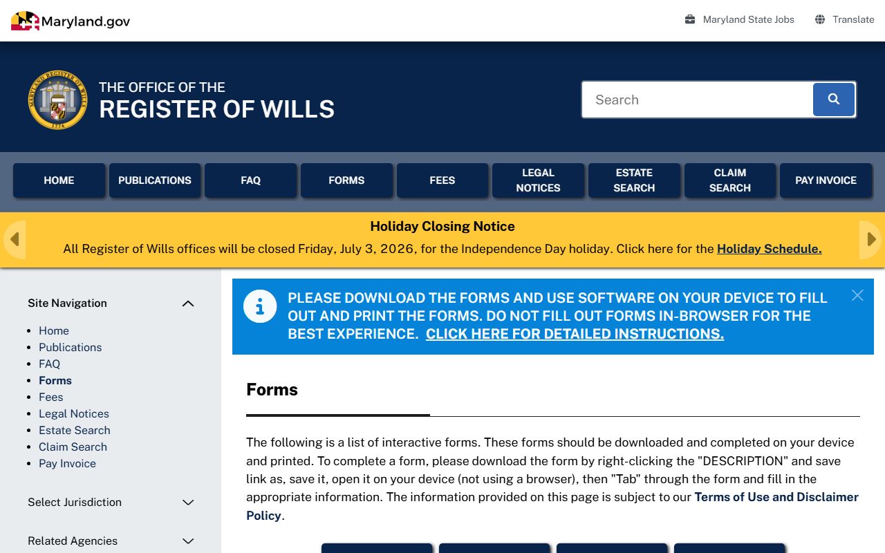 Anne Arundel County probate records Register of Wills forms page