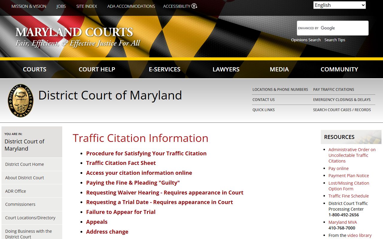Anne Arundel County traffic court records District Court citation help