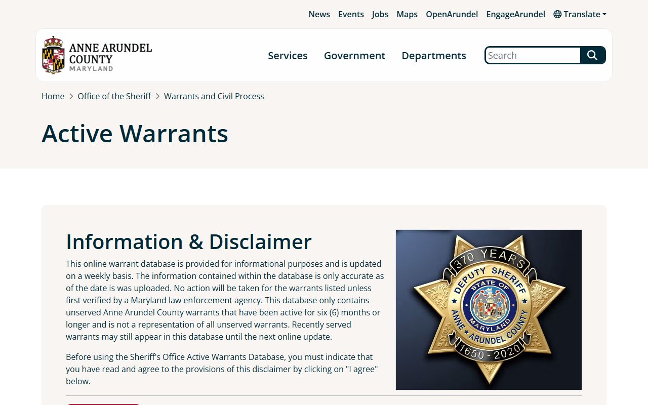 Anne Arundel County warrant records active warrants database