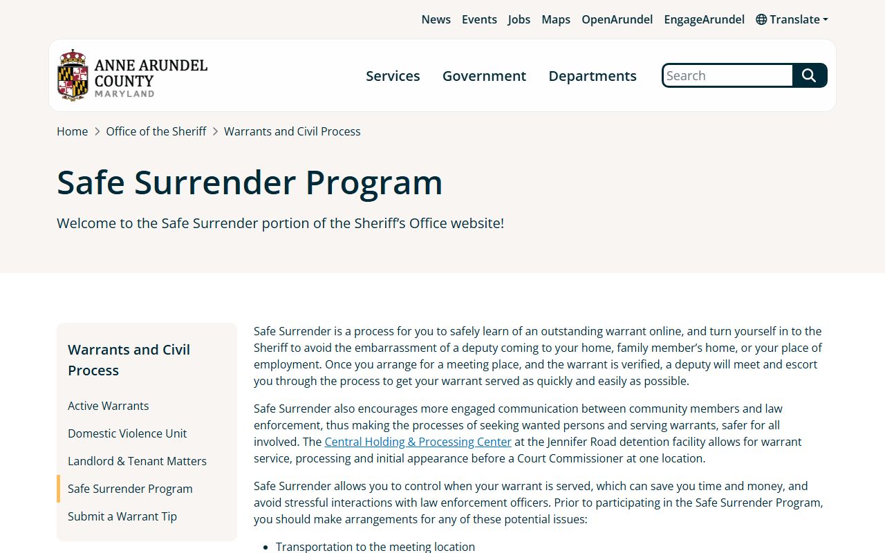 Anne Arundel County warrant records Safe Surrender program