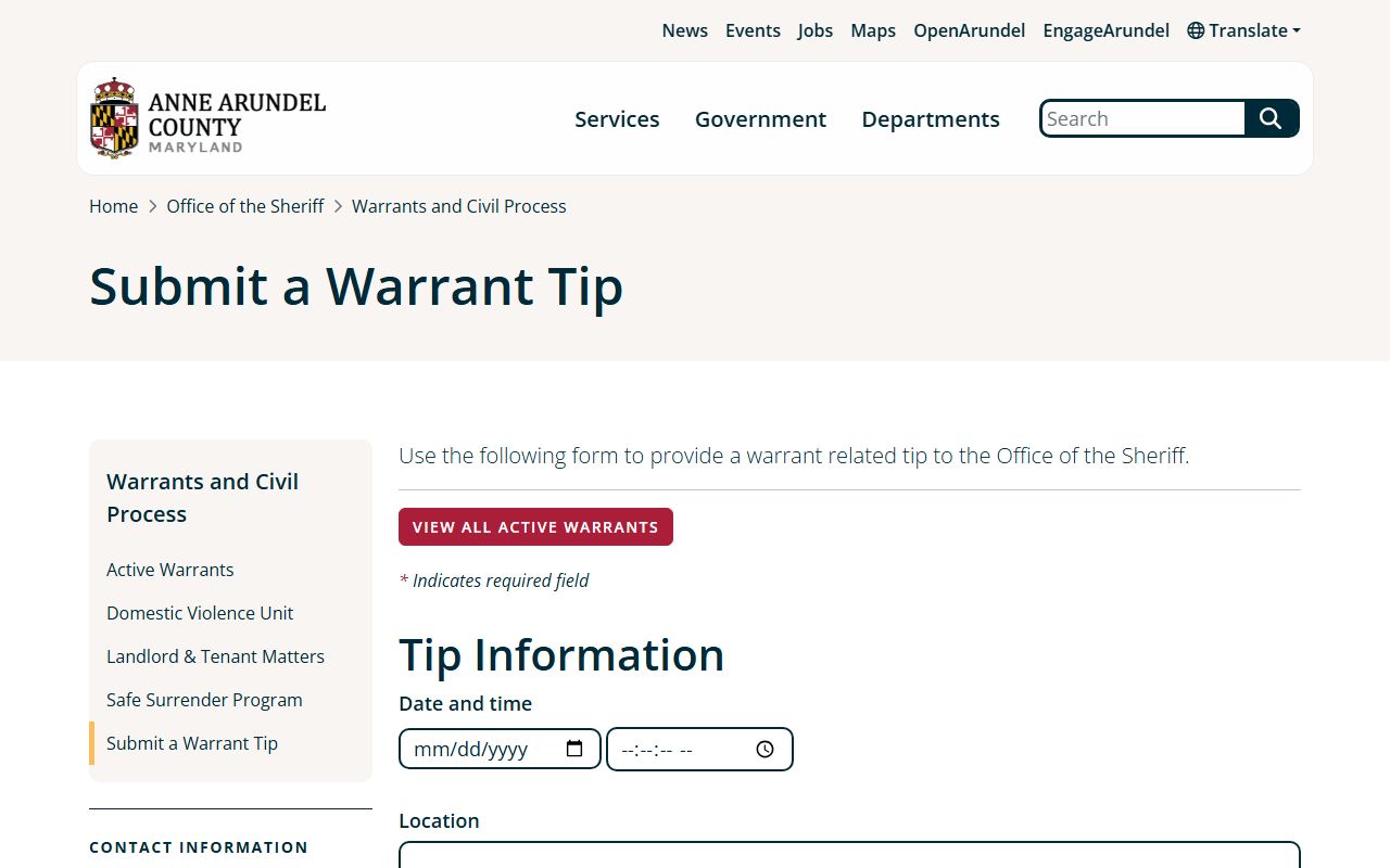 Anne Arundel County warrant records warrant tip form