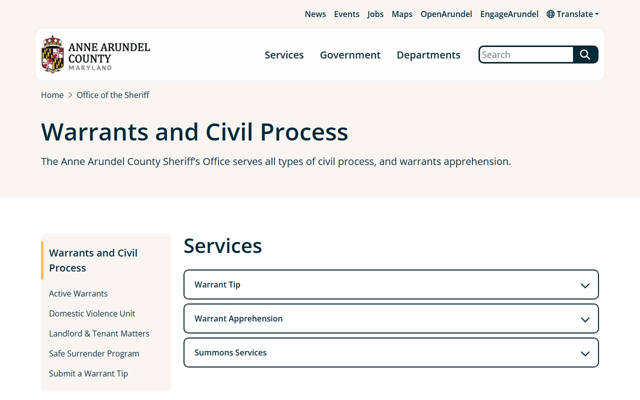 Anne Arundel County warrant records warrants and civil process page